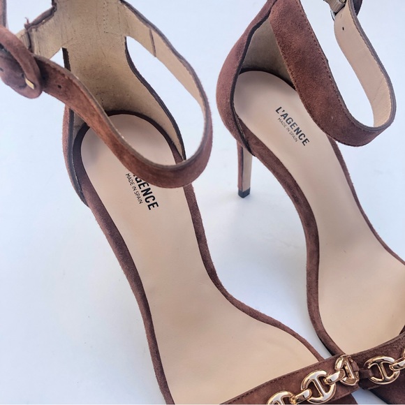 L'AGENCE Brown Heels with Gold Chain Detail - Picture 4 of 9
